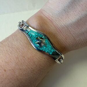Vintage Mexico Sterling Silver & Turquoise Inlay Floral Abalone Hinge Bracelet.